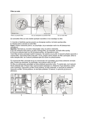 Page 13 
12
Filter za vodo 
 
  Pokrov za pretočni filter    Cev za vodo/pokrov za pretočni filter    Cev za vodo/ filter 
 
Za namestitev filtra za vodo sledite spodnjim navodilom, ki se nanašajo na slike: 
 
1. Vzemite iz hladilnika zgornjo posodo za ohranjanje svežine, kot kaže spodnja slika. 
2. Odprite pokrov obvoda za vodni filter. 
Pozor: Preden odstranite pokrov, se prepričajte, da je nastavljen način Ice off (delanje ledu 
izklopljeno). 
Opomba: Normalno je, da steče nekaj kapljic vode, ko pokrov...