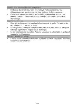 Page 35FR35
Présence d’une mauvaise odeur dans le réfrigérateur.
• L’intérieur du réfrigérateur doit être nettoyé. Nettoyez l’intérieur du 
réfrigérateur avec une éponge, de l’eau tiède ou de l’eau gazeuse. 
• Certains récipients ou matériaux d’emballage peuvent provoquer ces 
odeurs. Utilisez un autre récipient ou changez de marque de matériau 
d‘emballage.
La porte ne se ferme pas.
• Des récipients peuvent empêcher la fermeture de la porte. Remplacez les 
emballages qui obstruent la porte. 
• Le réfrigérateur...