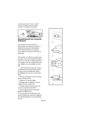 Page 33
Remplacement de lampoule  
intérieure
Si la lumière ne fonctionne pas, 
EÏDPOOFDUF[ËMBQSJTFEFDPVSBOUFU
EÏCSBODIF[MBQSJTFEBMJNFOUBUJPO
4VJWF[MFTJOTUSVDUJPOTDJEFTTPVT
pour vérifier si l’ampoule ne s’est pas 
desserrée. 
Si la lumière ne s’allume  toujours pas,  
QSPDVSF[WPVTVOFOPVWFMMFBNQPVMFË
DVMPU&ËWJTEF8BUU	NBYJNVN

BVNBHBTJOMPDBMEFNBUÏSJFMÏMFDUSJRVF
QVJTJOTÏSF[MBFOQSPDÏEBOUDPNNF
TVJU 
1.%ÏDPOOFDUF[MBQSJTFEFDPVSBOU...