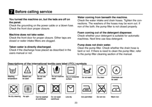 Page 49
23
      Before calling service
You turned the machine on, but the leds are off on 
the panel.
Check the grounding on the power cable or a blown fuse. 
Check the front door proper closure.
Machine does not take water.
Check the front door for proper closure. Either taps are 
closed or water intake ﬁlters are clogged.
Taken water is directly discharged.
Check if the discharge hose placed as described in the 
users manual or not.  Water coming from beneath the machine.
Check the water intake and drain...