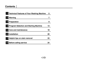 Page 30
EN4
Technical Features of Your Washing Machine   5
Warning 
7
Preparation 9
Program Selection and Starting Machine  13
Care and maintenance  1
8
Installation  20
Helpful tips on stain removal  2
3
Before calling service 24
1
Contents
2
3
4
5
6
7
8
 