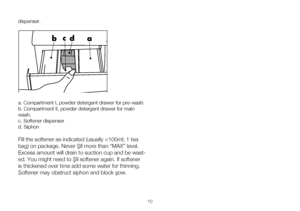 Page 1010
dispenser. 
a. Compartment I, powder detergent drawer for pre-wash.
b. Compartment II, powder detergent drawer for main 
wash.
c. Softener dispenser
d. Siphon
Fill the softener as indicated (usually 