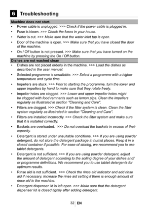 Page 3532
Troubleshooting
Machine does not start.
• Power cable is unplugged. >>> Check if the power cable is plugged in.
• Fuse is blown. >>> Check the fuses in your house.
• Water is cut. >>> Make sure that the water inlet tap is open.
• Door of the machine is open. >>> Make sure that you have closed the door 
of the machine.
• On / Off button is not pressed. >>> Make sure that you have turned on the 
machine by pressing the On / Off button.
Dishes are not washed clean
• Dishes are not placed orderly in the...