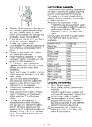 Page 1414EN
•  Take out all substances in the pockets 
such as coins, pens and paper clips, 
and turn pockets inside out and 
brush. Such objects may damage the 
product or cause noise problem.
•  Put small size clothes such as infant’s 
socks and nylon stockings in a 
laundry bag or pillow case.
•  Place curtains in without compressing 
them. Remove curtain attachment 
items.
•  Fasten zippers, sew loose buttons 
and mend rips and tears.
•  Wash “machine washable” or “hand 
washable” labeled products only with...