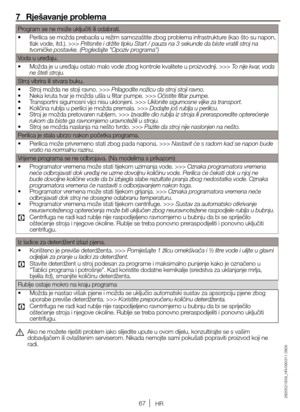 Page 6767HR
7  Rješavanje problema
Program 	se 	ne 	može 	uključiti 	ili 	odabrati.	
•	 Perilica 	se 	možda 	prebacila 	u 	režim 	samozaštite 	zbog 	problema 	infrastrukture 	(kao 	što 	su 	napon,	
tlak 	vode, 	itd.). 	>>> 	Pritisnite i držite tipku Start / pauza na 3 sekunde da biste vratili stroj na 
tvorničke postavke. (Pogledajte "Opoziv programa")
Voda 	u 	uređaju.
•	 Možda 	je 	u 	uređaju 	ostalo 	malo 	vode 	zbog 	kontrole 	kvalitete 	u 	proizvodnji. 	>>> 	To nije kvar, voda 
ne šteti stroju....