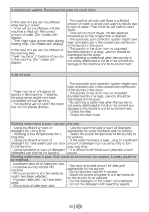 Page 28EN28
It continuously washes. Remaining time does not count down.
In the case of a paused countdown 
while	taking	in	water:
- Timer will not countdown until the 
machine is filled with the correct 
amount	of	water.	(On	models	with	
display)
- Time might have gotten stuck during 
heating	step.	(On	models	with	display)
In the case of a paused countdown at 
the	spinning	step:
There may be an imbalance of laundry 
in	the	machine.	(On	models	with	
display)- The machine will wait until there is sufficient...