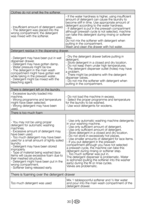 Page 30EN30
Clothes do not smell like the softener.
- Insufficient amount of detergent used.
- The detergent was placed into the 
wrong	compartment;	the	detergent	
was mixed with the softener.- If the water hardness is higher, using insufficient 
amount of detergent can cause the laundry to 
become stiff in time. Use appropriate amount of 
detergent according to the water hardness.
- If detergent is put in the prewash compartment 
although prewash cycle is not selected, machine 
can take this detergent during...