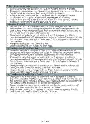 Page 3131EN
Colour of the clothes faded.
• Excessive laundry was loaded in. >>> Do not load the machine in excess.
•  Detergent in use is damp. >>> Keep detergents closed in an environment free of 
humidity and do not expose them to excessive temperatures.
•  A higher temperature is selected. >>> Select the proper programme and 
temperature according to the type and soiling degree of the laundry.
•  Regular drum cleaning is not applied. >>> Clean the drum regularly. For this, 
please see "Cleaning the...