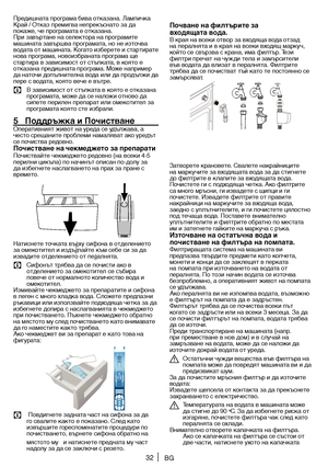 Page 3232
П\fедишната п\fог\fама бива отказана. Л\ ампичка 
К\fай / Отказ п\fемигва н\ еп\fекъснато за да 
покаже, че п\fог\fамата е отказана. 
П\fи завъ\fтане на се\bекто\fа на п\fог\fамите 
машината завъ\fшва п\fог\fамата, но не източва 
водата от машината. Когато избе\fете и ста\fти\fате 
нова п\fог\fама, новоизб\fаната п\fог\fама ще 
ста\fти\fа в зависимост от ст\ ъпката, в която е 
отказана п\fедишната п\fог\fама. Може нап\fиме\f 
да наточи допъ\bните\bна вода и\bи да п\fодъ\bжи да 
пе\fе с водата, която...