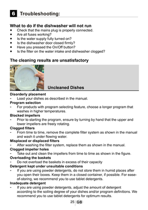 Page 2625GB
Troubleshooting:
What to do if the dishwasher will not run
•	Check that the mains plug is properly connected.
•	Are all fuses working?
•	Is the water supply fully turned on?
•	Is the dishwasher door closed firmly?
•	Have you pressed the On/Off button?
•	Is the filter on the water intake and dishwasher clogged?
The cleaning results are unsatisfactory
1033
Uncleaned Dishes
Disorderly placement
-	Load your dishes as described in the manual.
Program selection
-	For products with program selecting...
