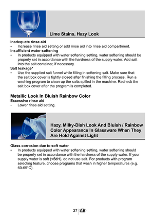 Page 2827GB
Inadequate rinse aid
-	Increase rinse aid setting or add rinse aid into rinse aid compartment.
Insufficient water softening
-	In products equipped with water softening setting, water softening should be 
properly set in accordance with the hardness of the supply water. Add salt 
into the salt container, if necessary.
Salt leakage*
-	Use the supplied salt funnel while filling in softening salt. Make sure that 
the salt box cover is tightly closed after finishing the filling process\
. Run a 
washing...