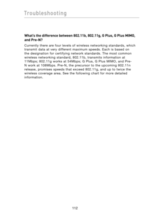 Page 114
113112
Troubleshooting

113112
Troubleshooting

What’s the difference between 802.11b, 802.11g, G Plus, G Plus MIMO, 
and Pre-N?
Currently  there  are  four  levels  of  wireless  networking  standards,  which 
transmit  data  at  very  different  maximum  speeds.  Each  is  based  on 
the  designation  for  certifying  network  standards.  The  most  common 
wireless  networking  standard,  802.11b,  transmits  information  at 
11Mbps;  802.11g  works  at  54Mbps;  G  Plus,  G  Plus  MIMO,  and  Pre-
N...