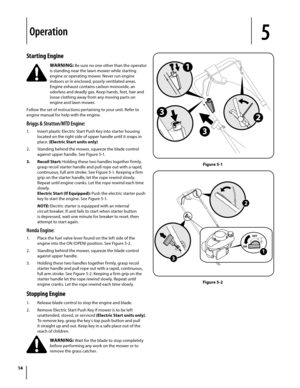 Page 1414
Starting Engine
WARNING: Be sure no one other than the operator 
is standing near the lawn mower while starting 
engine or operating mower. Never run engine 
indoors or in enclosed, poorly ventilated areas. 
Engine exhaust contains carbon monoxide, an 
odorless and deadly gas. Keep hands, feet, hair and 
loose clothing away from any moving parts on 
engine and lawn mower.
Follow the set of instructions pertaining to your unit. Refer to 
engine manual for help with the engine.
Briggs & Stratton/MTD...