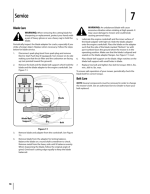 Page 1818
Blade Care
WARNING: When removing the cutting blade for 
sharpening or replacement, protect your hands with 
a pair of heavy gloves or use a heavy rag to hold the 
blade. 
Periodically inspect the blade adapter for cracks, especially if you 
strike a foreign object. Replace when necessary. Follow the steps 
below for blade service.
1. Disconnect spark plug boot from spark plug and remove 
Electric Start Push Key (if equipped). Turn mower on its side 
making sure that the air filter and the carburetor...