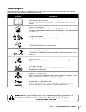 Page 357
ADVERTENCIA: Su responsabilidad—Restrinja el uso de esta máquina motorizada a las personas que lean, 
comprendan y respeten las advertencias e instrucciones que figuran en este manual y en la máquina. 
GUARDE ESTAS INSTRUCCIONES
Símbolos De Seguridad
Esta página representa y describe la seguridad los símbolos que pueden parecer en este producto. Lea, comprenda, y siga todas 
instrucciones  de la máquina antes de intentar ensamblar y operar. 
SímboloDescripción
LEA EL MANUAL(S) DEL OPERADOR
Lea,...