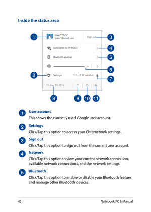 Page 4242
Inside the status area
User account
This shows the currently used Google user account.
Settings
Click/Tap this option to access your Chromebook settings.
Sign out
Click/Tap this option to sign out from the current user account.
Network
Click/Tap this option to view your current network connection, available network connections, and the network settings.
Bluetooth
Click/Tap this option to enable or disable your Bluetooth feature and manage other Bluetooth devices.
Notebook PC E-Manual  