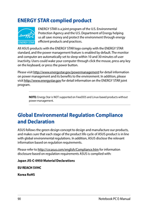 Page 9090
ENERGY STAR complied product
ENERGY STAR is a joint program of the U.S. Environmental Protection Agency and the U.S. Department of Energy helping us all save money and protect the environment through energy efficient products and practices.
All ASUS products with the ENERGY STAR logo comply with the ENERGY STAR standard, and the power management feature is enabled by default. The monitor and computer are automatically set to sleep within 10 and 30 minutes of user inactivity. Users could wake your...