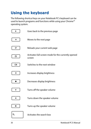 Page 3030
Using the keyboard
The following shortcut keys on your Notebook PC’s keyboard can be used to launch programs and functions while using your Chrome™ operating system.
Goes back to the previous page
Moves to the next page
Reloads your current web page
Activates full-screen mode for the currently opened screen
Switches to the next window
Increases display brightness
Decreases display brightness
Turns off the speaker volume
Turns down the speaker volume
Turns up the speaker volume
Activates the search...