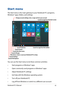 Page 4343
Start menu
The Start menu is the main gateway to your Notebook PC’s programs, Windows® apps, folders, and settings. 
You can use the Start menu to do these common activities:
•	 Start	programs	or	Windows®	apps
•	 Open	commonly	used	programs	or	 Windows®	apps
•	 Adjust	Notebook	PC	settings
•	 Get	help	with	the	Windows	operating	system
•	 Turn	off	your	Notebook	PC
•	 Log	off	from	Windows	or	switch	to	a	different	user	account
Change account settings, lock, or sign out from your account
Launch the Start...