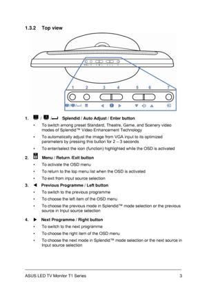 Page 13ASUS LED TV Monitor T1 Series  3
1.3.2 Top view 
 
1. 
 /  /    Splendid / Auto Adjust / Enter button 
▪  To switch among preset Standard, Theatre, Game, and Scenery video 
modes of Splendid™ Video Enhancement Technology 
▪  To automatically adjust the image from VGA input to its optimized 
parameters by pressing this button for 2 – 3 seconds 
▪  To enter/select the icon (function) highlighted while the OSD is activated 
2. 
    Menu / Return /Exit button 
▪  To activate the OSD menu 
▪  To return to the...