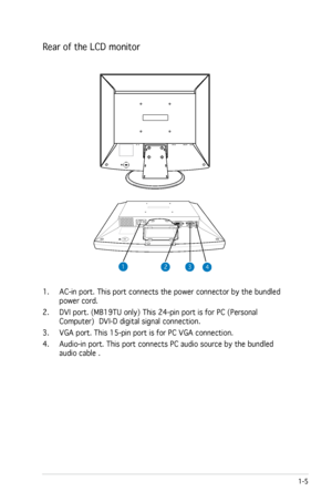 Page 13
1-5ASUS LCD Monitor MB19 Series/MB17 Series

Rear of the LCD monitor 
1. AC-in port. This port connects the power connector by the bundled 
power cord.
2.  DVI port. (MB19TU only) This 24-pin port is for PC (Personal 
Computer)  DVI-D digital signal connection.    
3.  VGA port. This 15-pin port is for PC VGA connection. 
4.  Audio-in port. This port connects PC audio source by the bundled 
audio cable .    
AC   INDIGITALANALOGAUDIO
AC   INDIGITALANALOGAUDIO
1234
 