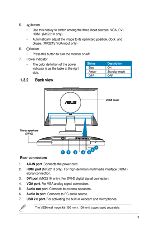 Page 11
3ASUS MK221 Series LCD Monitor

StatusDescription
  BlueON
  AmberStandby mode
  OFFOFF
5.  button
  •   Use this hotkey to switch among the three input sources: VGA, DVI,     
 HDMI. (MK221H only)
  • Automatically adjust the image to its optimized position, clock, and•  Automatically adjust the image to its optimized position, clock, and     
 phase. (MK221S VGA input only).
6.  button
  •   Press this button to turn the monitor on/off.
7.  Power indicator 
 •   The color definition of the power...