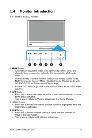 Page 9
ASUS LED Monitor ML228H Series1-3
1.4 Monitor introduction
1.4.1 Front of the LED monitor
1.
 Button:
• Automatically adjust the image to its optimized position, clock, and 
phase by long pressing this button for 2-4 seconds (for VGA mode 
only). 
•
 Use this hotkey to switch from five video preset modes (Game Mode, 
Night View Mode, Scenery Mode, Standard Mode, Theater Mode) with 
SPLENDID™ Video Enhancement Technology. 
•
 Exit the OSD menu or go back to the previous menu as the OSD   menu 
is...