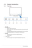 Page 81-2Chapter 1: Product introduction
1.3 Monitor introduction
1.3.1  Front view
126435
1.  button:
•	 Selects a desired preset mode.
•	 Exits	 the	OSD	 menu	 or	goes	 back	to	the	 previous	 menu	when	the	OSD	
menu is active.
•	 Automatically	 adjusts	the	image	 to	its	 optimized	 position,	clock, 	and	 phase	
by	touching	this	button	for	2-4	seconds	(for	VGA 	mode	only).
2. 
•	 Decreases	values	or	moves	your	selection	left/down.	
•	 Contrast	hotkey
3.	 MENU	button:	 •	Turns on the OSD menu. Enacts the...