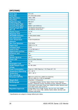 Page 28
(MT276HE) 
Panel Type TFT LCD 
Panel Size 27” (16:9) wide screen 
Max Resolution 1920 x 1080 
Pixel Pitch 0.31125 mm 
Brightness (Typ) 400 cd/m2
Contrast Ratio (Typ) 1000:1 
Contrast Ratio (Max) 50000:1 (with ASCR on) 
Viewing Angle (H/V) 
CR > 10 
170 degrees Horizontal (typ.) 
160 degrees Vertical (typ.) 
Display Colors 16.7 M 
Response Time  2 ms 
SPLENDID Selection 6 video preset modes 
Auto Adjustment Yes 
Color Temperature 
Selection 
4 color temperatures 
Skin-Tone Selection 5 skin-tones 
Digital...