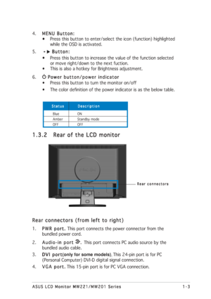 Page 11
1-3
1-3 1-3
1-3
1-3
ASUS LCD Monitor MW221/MW201 Series
ASUS LCD Monitor MW221/MW201 Series ASUS LCD Monitor MW221/MW201 Series
ASUS LCD Monitor MW221/MW201 Series
ASUS LCD Monitor MW221/MW201 Series
1.3.2
1.3.2 1.3.2
1.3.2
1.3.2 Rear of the LCD monitor
Rear of the LCD monitor Rear of the LCD monitor
Rear of the LCD monitor
Rear of the LCD monitor
Rear connectors
Rear connectors Rear connectors
Rear connectors
Rear connectors
4. MENU Button:
MENU Button: MENU Button:
MENU Button:
MENU Button:
•
• •
•
•...