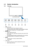 Page 81-2Chapter	1:	Product	introduction
1.3 Monitor introduction
1.3.1  Front view
1267435
1. 	QuickFit	button:
•	Activates	the	QuickFit	function	designed	for	alignment.
•	The	QuickFit 	function 	contains 	7 	pages 	of 	common 	grid 	patterns 	and 	paper	
and	photo	sizes.	(Please	refer	to	1.3.3	QuickFit	Function).
2. 	button:
•	Selects a desired preset mode.
•	Exits	 the	OSD	 menu	 or	goes	 back	to	the	 previous	 menu	when	the	OSD	
menu is active.
•	Automatically	 adjusts	the	image	 to	its	 optimized...