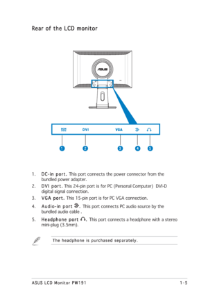 Page 131-5 1-51-5 1-5
1-5
ASUS LCD Monitor PW191 ASUS LCD Monitor PW191ASUS LCD Monitor PW191 ASUS LCD Monitor PW191
ASUS LCD Monitor PW191
Rear of the LCD monitor Rear of the LCD monitorRear of the LCD monitor Rear of the LCD monitor
Rear of the LCD monitor
5 55 5
5
4 44 4
4
3 33 3
3
2 22 2
2
1 11 1
1
1.
DC-in port.  DC-in port. DC-in port.  DC-in port. 
DC-in port. This port connects the power connector from the
bundled power adapter.
2.
DVI port. DVI port.DVI port. DVI port.
DVI port. This 24-pin port is for...