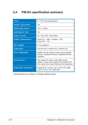 Page 283-8 3-83-8 3-8
3-8
Chapter 3: General Instruction Chapter 3: General InstructionChapter 3: General Instruction Chapter 3: General Instruction
Chapter 3: General Instruction
3.4 PW191 specification summary
Pivot PivotPivot Pivot
Pivot
Height adjustment Height adjustmentHeight adjustment Height adjustment
Height adjustment
VESA wall mount VESA wall mountVESA wall mount VESA wall mount
VESA wall mount
Kensington lock Kensington lockKensington lock Kensington lock
Kensington lock
Power source Power...