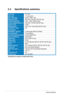 Page 20
3-4Chapter 3: General Instruction  

3.2 Specifications summary
Panel.TypeTFT LCD
Panel.size17" wide screen
Max...ResolutionSXGA+ 1280 x 1024
Brightness.(Typ.)300 cd/m2 ; 250 cd/m2 (VB172F only)
Contrast.Ratio.(Typ.)700:1 / 1000:1 (VB172F only)
Viewing angle(H/V) CR ≥ 10160º/160º; 170º/160º (VB172F only)
Display.colors16.2M
Response.time5ms (Tr+Tf) / 2sms (GtG) (VB172F only)
SPLENDID™.Video.EnhancementYes
SPLENDID™.selection5 video preset modes (by hotkey)
Auto.adjustmentYes (by hotkey)...