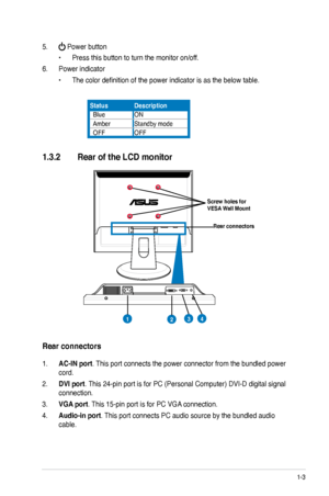 Page 11
1-3ASUS LCD Monitor VB172 Series

1.3.2.Rear.of.the.LCD.monitor.
Rear.connectors
StatusDescription
  BlueON
  AmberStandby mode
  OFFOFF
1. 
AC-IN.port. This port connects the power connector from the bundled power 
cord.     
2.  DVI.port
. This 24-pin port is for PC (Personal Computer) DVI-D digital signal 
connection.  
3.  VGA.port
. This 15-pin port is for PC VGA connection. 
4.  Audio-in.port
. This port connects PC audio source by the bundled audio 
cable.
Rear.connectors
Screw.holes.for.
VESA...