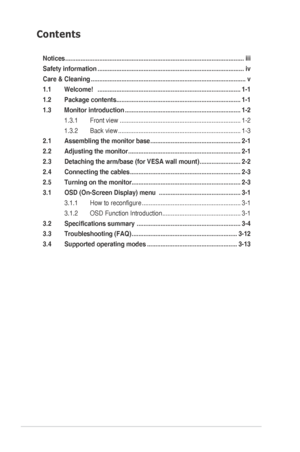 Page 2ii
Contents
Notices ........................................................................\
................................. iii
Safety information  ........................................................................\
.............. iv
Care & Cleaning  ........................................................................\
................... v
1.1  Welcome!    ........................................................................\
............ 1-1
1.2  Package contents...