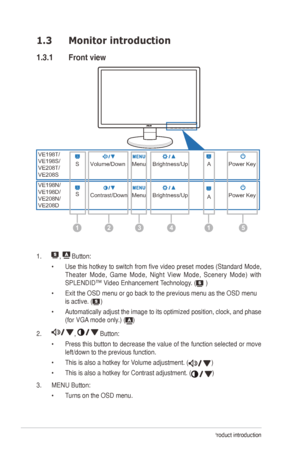 Page 81-2Chapter 1: Product introduction
1.3 Monitor introduction
1.3.1  Front view
VE198T/
VE198S/
VE208T/
VE208S
VE198N/
VE198D/
VE208N/
VE208D
1
S Volume/Down MenuBrightness/Up A Power Key
S
Contrast/Down MenuBrightness/Up
APower Key
25431
1. ,	 Button:
•	 Use	this	hotkey	 to	switch	 from	five	video	 preset	 modes	 (Standard	 Mode,	
Theater 	Mode, 	Game 	Mode, 	Night 	View 	Mode, 	Scenery 	Mode) 	with	
SPLENDID™	Video	Enhancement	 Technology.	(
	)
•	 Exit	the	OSD	menu	or	go	back	to	the	previous	menu	as	the...