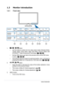 Page 81-2Chapter	1:	Product	introduction
1.3 Monitor introduction
1.3.1. Front.view
VE225H
VE225T/
VE225S
VE225N/
VE225D
1
S/A Volume/Down Menu Brightness/Up Input Select Power Key
S Volume/Down Menu Brightness/Up A Power Key
S
Contrast/Down Menu Brightness/Up
APower Key
264351
1.	,		,		Button:
Use	
this	hotkey	 to	switch	 from	five	video	 preset	 modes	 (Standard	 Mode,	
Theater	Mode, 	Game	Mode, 	Night 	View 	Mode, 	Scenery 	Mode) 	with	
SPLENDID™	Video	Enhancement	 Technology.	(,		)
Exit	the	OSD	menu	or	go...