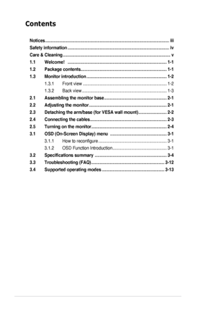 Page 2ii
Contents
Notices.........................................................................\
.................................iii
Safety.information.........................................................................\
..............iv
Care.&.Cleaning.........................................................................\
................... v
1.1.Welcome!...........................................................................\
............ 1-1...