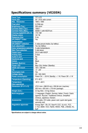 Page 23
3-9
ASUS	VE205/VE245/VE246	Series	LCD	Monitor	

Specifications	summary	(VE205N)
Panel.TypeTFT 	LCDPanel.size20"	(16:9)	wide	screenMax...Resolution1600	x	1900
Pixel.pitch0.2768	mmBrightness.(Typ.)250	cd/m2
Contrast.Ratio.(Typ.)1000:1Contrast.Ratio.(Max.)50000:1	(with	 ASCR	on)Viewing.angle(H/V).CR>10170˚/160˚Display.colors16.7	MResponse.time5	msSPLENDID™.Video.EnhancementYes
SPLENDID™.selection5	video	preset	modes	(by	hotkey)Auto.adjustmentYes	(by	hotkey)Color.temperature.selection5	color...