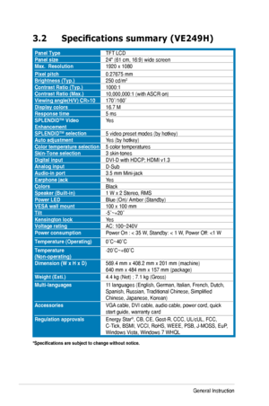 Page 183-4Chapter	3:	General	Instruction		
3.2	 Specifications	summary	(VE249H)
Panel TypeTFT	LCDPanel size24"	(61	cm,	16:9)	wide	screenMax.  Resolution1920	x	1080
Pixel pitch0.27675	mmBrightness (Typ.)250	cd/m2
Contrast Ratio (Typ.)1000:1Contrast Ratio (Max.)10,000,000:1	(with	 ASCR	on)Viewing	angle(H/V)	CR>10170˚/160˚Display colors16.7	MResponse time5 msSPLENDID™ Video EnhancementYes
SPLENDID™ selection5	video	preset	modes	(by	hotkey)Auto adjustmentYes	(by	hotkey)Color temperature selection5 color...