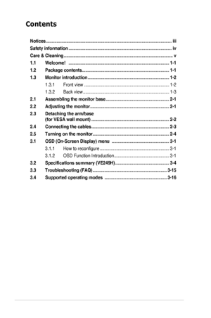 Page 2ii
Contents
Notices ........................................................................\
.................................iii
Safety information  ........................................................................\
..............iv
Care & Cleaning ........................................................................\
...................v
1.1  Welcome!   ........................................................................\
............1-1
1.2  Package contents...