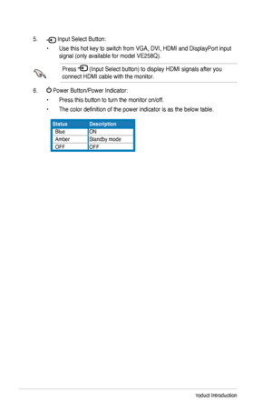 Page 101-4Chapter 1: Product Introduction
5.  Input Select Button:
•	Use	this	hot	key	to	switch	from	VGA,	DVI,	HDMI	and	DisplayPort	input	
signal	(only	available	for	model	VE258Q).
Press 	(Input	Select	button)	to	display	HDMI	signals	after	you	
connect HDMI cable with the monitor.
6. 	Power	Button/Power	Indicator:
•	Press	this	button	to	turn	the	monitor	on/off.
•	The color definition of the power indicator is as the below table.
StatusDescription
  BlueON
  AmberStandby	mode
  OFFOFF
  