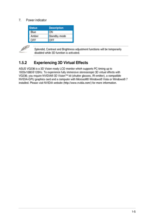 Page 11
1-5ASUS	 VG236 	 Series 	 LCD 	 Monitor
7.  Power indicator
StatusDescription
  BlueON
  AmberStandby 	 mode
  OFFOFF
Splendid, 	 Contrast 	 and 	 Brightness 	 adjustment 	 functions 	 will 	 be 	 temporarily 	
disabled
	 while 	 3D 	 function 	 is 	 activated. 	
1.5.2       Experiencing 3D Virtual Effects
ASUS	 VG236 	 is 	 a 	 3D 	 Vision 	 ready 	 LCD 	 monitor 	 which 	 supports 	 PC 	 timing 	 up 	 to 	1920x1080@120Hz.	 To 	 experience 	 fully 	 immersive 	 stereoscopic 	 3D 	 virtual 	 effects...