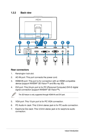 Page 101-4Chapter 1: Product Introduction
1.3.2 Back view
1254367
Rear connectors
1. Kensington lock slot.
2. AC-IN port: This port connects the power cord.
3. HDMI-IN port: This port is for connection with an HDMI compatible 
device (support NVIDIA® 3D Vision™ and Blu-ray 3D).
4. DVI port: This 24-pin port is for PC (Personal Computer) DVI-D digital\
 
signal connection (support NVIDIA® 3D Vision™).
The 3D feature is only supported through HDMI-IN and DVI port.
5. VGA port: This 15-pin port is for PC VGA...