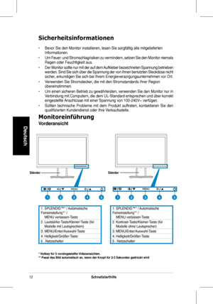 Page 14
12Schnellstarthilfe
Deutsch
Monitoreinführung
Vorderansicht
* Hotkey für 5 voreingestellte Videoansichten.** Passt das Bild automatisch an, wenn der Knopf für 2-3 Sekunden ged\
rückt wird
1.	 SPLENDID™* 	 / 	 Automatische 	Feineinstellung**	 / 						MENU 	 verlassen-Taste
2.	 Lautstärke-Taste/Kleiner-Taste 	 (für 						Modelle 	 mit 	 Lautsprechern)
3.	 MENU/Enter/Auswahl-Taste
4.	 Helligkeit/Größer-Taste
5	 . 	 Netzschalter
Ständer
. 	SPLENDID™* 	 / 	 Automatische 	Feineinstellung**	 / 						MENU...