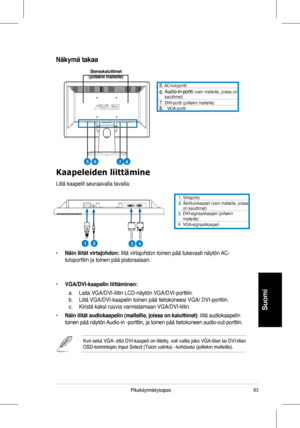 Page 85
83Pikakäynnistysopas
Suomi
Kaapeleiden liittämine
Liitä	 kaapelit 	 seuraavalla 	 tavalla:
	 AC-tuloportti 			Audio-in-portti	(vain 	 malleille, 	 joissa 	 on 	kaiuttimet)		DVI-portti	(joillekin	malleille)VGA-portti
•	Näin liität virtajohdon:	liitä 	 virtajohdon 	 toinen 	 pää 	 tukevasti 	 näytön 	 AC-
tuloporttiin	 ja 	 toinen 	 pää 	 pistorasiaan.
•	VGA/DVI-kaapelin liittäminen:	
	 a.	 Laita	 VGA/DVI-liitin 	 LCD-näytön 	 VGA/DVI-porttiin. 		
b.	 Liitä	 VGA/DVI-kaapelin 	 toinen 	 pää 	 tietokoneesi...