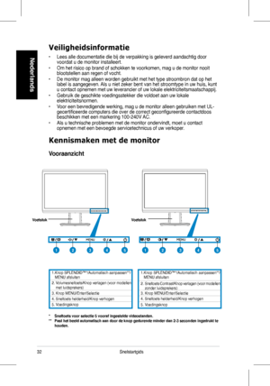 Page 34
32Snelstartgids
Nederlands
Kennismaken met de monitor
Vooraanzicht     
*  Sneltoets voor selectie 5 vooraf ingestelde videostanden.**    Past het beeld automatisch aan door de knop gedurende minder dan 2-3 sec\
onden ingedrukt te houden.
1.	Knop 	 SPLENDID™*/Automatisch 	 aanpassen**/MENU	 afsluiten2.		 Volumesneltoets/Knop 	 verlagen 	(voor	 modellen 	met	 luidsprekers)3.	 Knop 	 MENU/Enter/Selectie4.	 Sneltoets 	 helderheid/Knop 	 verhogen5.	 Voedingsknop
Veiligheidsinformatie
•	 Lees 	 alle...