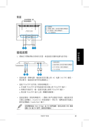 Page 45
 
43快速用戶指南
簡體��
��
背面
接線說明
1.  請如以下圖標所標示的相關位置，來連接顯示器的電源與信號線：
‧    連接電源：請將電源一端連接至顯示器上的  A C  電源（A C-I N）插孔，
然後將另一端連接至家中的電源插座上。
‧ 連接 VGA/DVI 信號線（部份機種提供）：
 a. 首先將 VGA/DVI 信號線連接至顯示器上的 VGA/DVI 端口。
 b 再將信號線的另一端，連接至電腦上面的 VGA/DVI 端口。
 c. 然後將 VGA/DVI 接口上的二顆螺絲鎖鎖緊。
‧    連接音源線（部份機種提供）：請將立體聲音源信號線的一端連接至顯
示器上音源輸入（A u d i o-i n）的連接端口，然後另一端則連接至電腦上
面的音源輸出（Audio-Out）端口。
當您同時連接  VGA（D-Sub）及  DVI  信號線時，您可以利用  OSD  菜單
切換 VGA 或 DVI 信號（部份機種提供）。
立體聲音箱（部份機種提供）
1. 連接電源線
2. 連接音源線 (有內置音箱的機種提供)
1234
 VGA 連接接口DVI 連接接（部份機種提供）
3.
4....