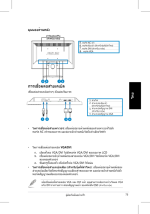 Page 75
คู่มือเริ่มต้นอย่างเร็ว
ไทย

การเชื่อมต่อสายเคเบิล
เชื่อมต่อสายเคเบิลต่างๆ	 ดังแสดงในภาพ:
	พอร์ต 	 AC 	 เข้า	พอร์ตเสียงเข้า	(สำหรับรุ่นที่มีลำโพง)		พอร์ต	DVI	(สำหรับบางรุ่น)	พอร์ต	VGA
•	ในการเชื่อมต่อสายเพาเวอร:	เชื่อมต่อปลายด้านหนึ่งของสายเพาเวอร์ไปยัง	
พอร์ต 	 AC 	 เข้าของจอภาพ 	 และปลายอีกด้านหนึ่งไปยังเต้าเสียบไฟฟ้า
•	ในการเชื่อมต่อสายเคเบิล	VGA/DVI:	
	 ก.	 เสียบขั้วต่อ 	 VGA/DVI 	 ไปยังพอร์ต 	 VGA/DVI 	 ของจอภาพ 	 LCD	
ข.	 เชื่อมต่อปลายอีกด้านหนึ่งของสายเคเบิล	 VGA/DVI 	 ไปยังพอร์ต 	 VGA/DVI...